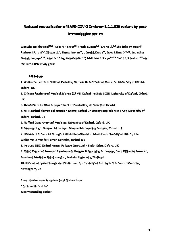 Reduced neutralisation of SARS-CoV-2 omicron B.1.1.529 variant by post-immunisation serum Thumbnail