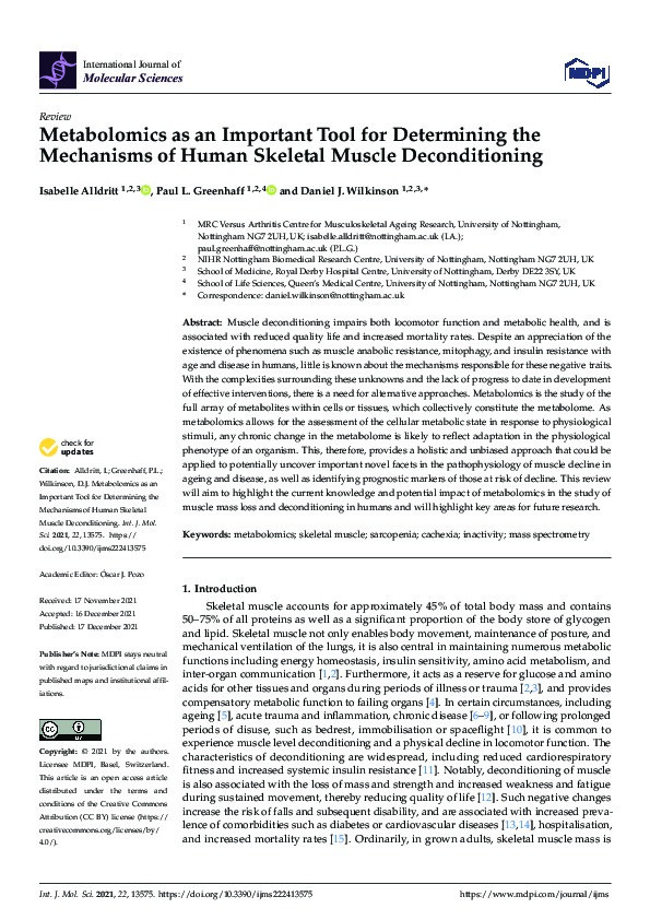 Metabolomics as an Important Tool for Determining the Mechanisms of Human Skeletal Muscle Deconditioning Thumbnail
