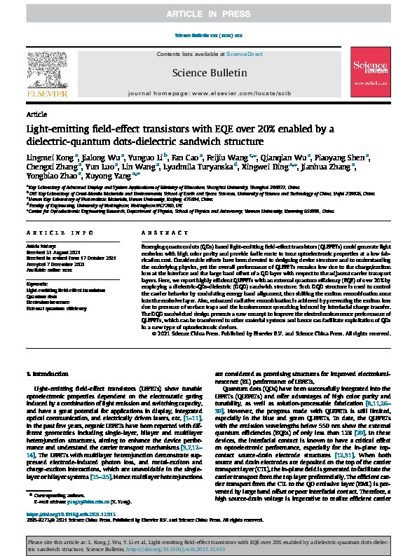 Light-emitting field-effect transistors with EQE over 20% enabled by a dielectric-quantum dots-dielectric sandwich structure Thumbnail