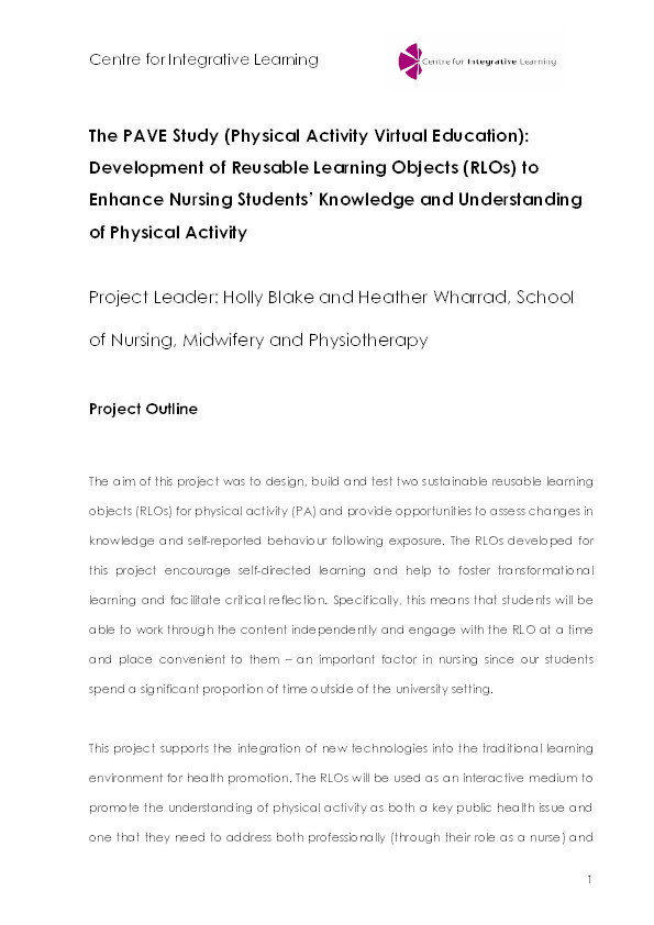 The PAVE study (Physical Activity Virtual Education): development of reusable learning objects (RLOs) to enhance nursing students' knowledge and understanding of physical activity Thumbnail