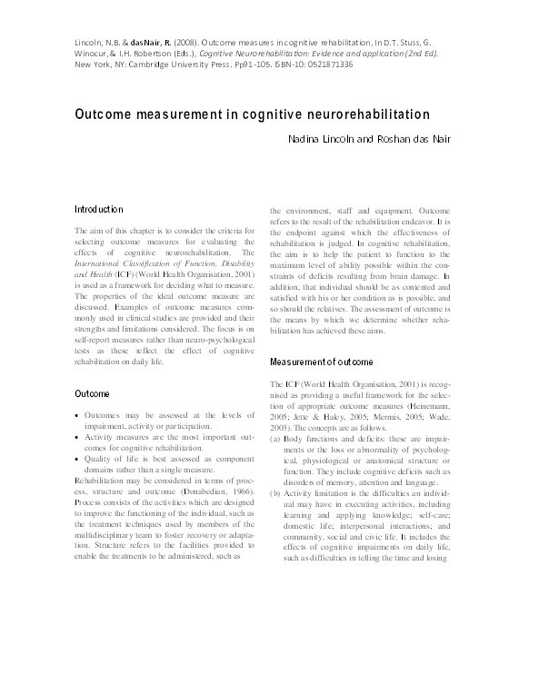 Outcome measurement in cognitive neurorehabilitation Thumbnail