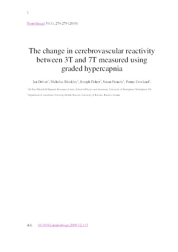 The change in cerebrovascular reactivity between 3T and 7T measured using graded hypercapnia Thumbnail