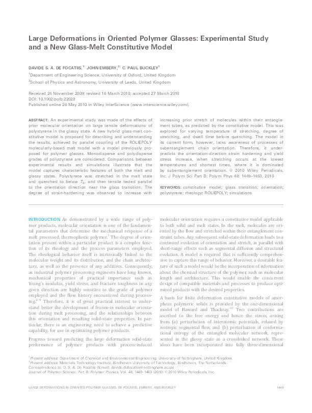 Large deformations in oriented polymer glasses: experimental study and a new glass-melt constitutive model Thumbnail