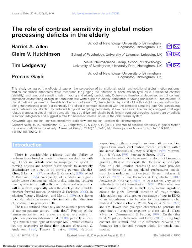 The role of contrast sensitivity in global motion processing deficits in the elderly Thumbnail