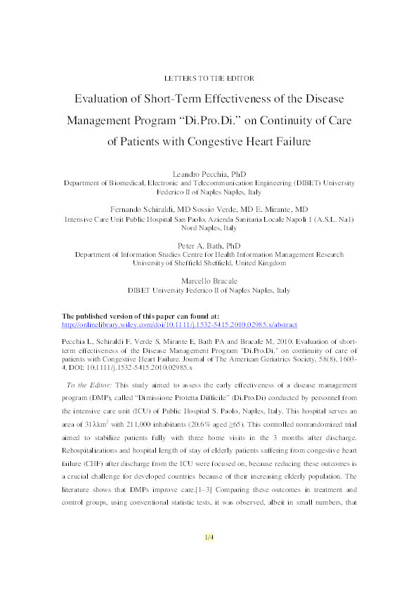 Evaluation of short-term effectiveness of the disease management program “Di.Pro.Di.” on continuity of care of patients with congestive heart failure Thumbnail