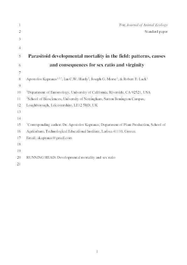 Parasitoid developmental mortality in the field: patterns, causes and consequences for sex ratio and virginity Thumbnail