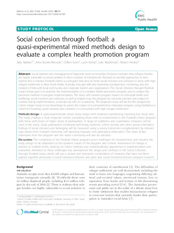 Social cohesion through football: a quasi-experimental mixed methods design to evaluate a complex health promotion program Thumbnail