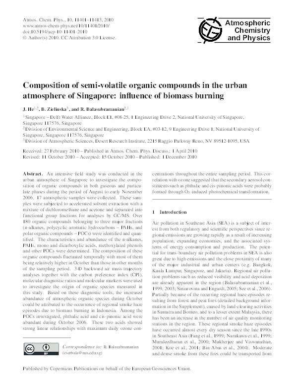 Composition of semi-volatile organic compounds in the urban atmosphere of Singapore: influence of biomass burning Thumbnail