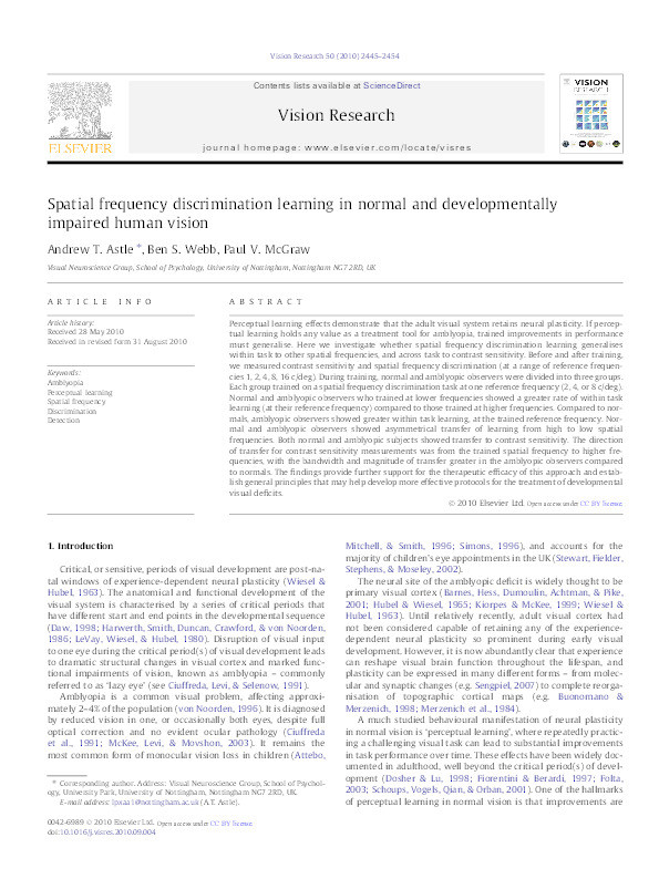 Spatial frequency discrimination learning in normal and developmentally impaired human vision Thumbnail