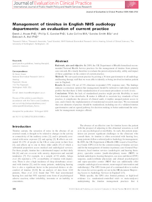 Management of tinnitus in English NHS audiology departments: an evaluation of current practice Thumbnail