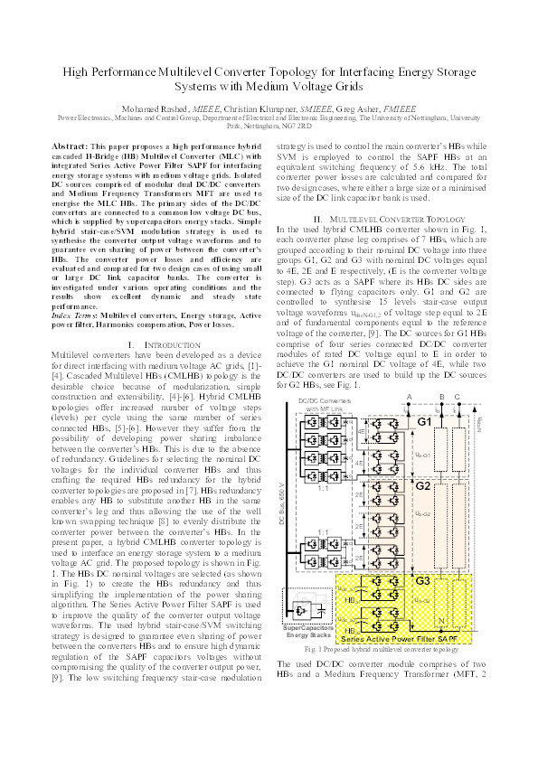 High performance multilevel converter topology for interfacing energy storage systems with medium voltage grids Thumbnail