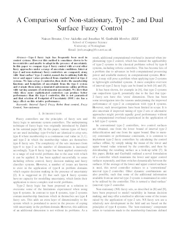 A comparison of non-stationary, type-2 and dual surface fuzzy control Thumbnail