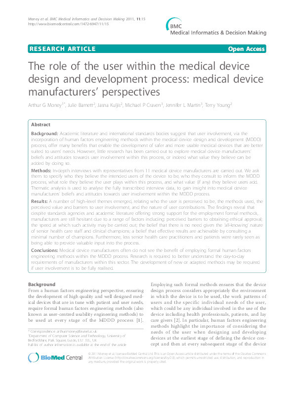 The role of the user within the medical device design and development process: medical device manufacturers' perspectives Thumbnail