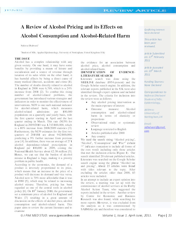 A review of alcohol pricing and its effects on alcohol consumption and alcohol-related harm Thumbnail