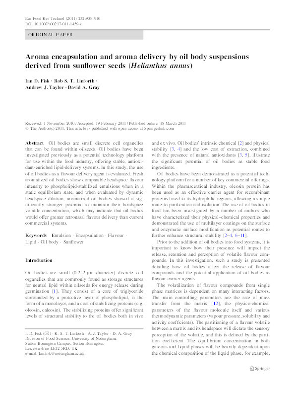 Aroma encapsulation and aroma delivery by oil body suspensions derived from sunflower seeds (Helianthus annus) Thumbnail