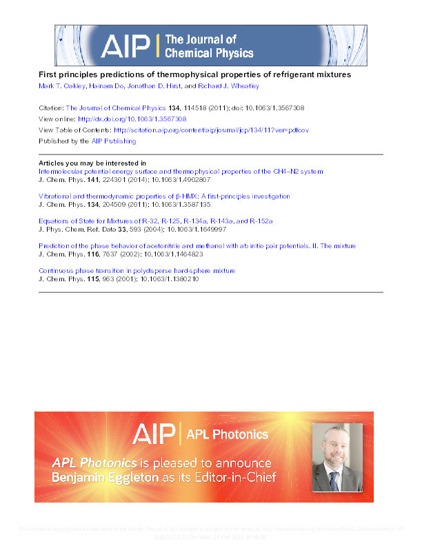 First principles predictions of thermophysical properties of refrigerant mixtures Thumbnail