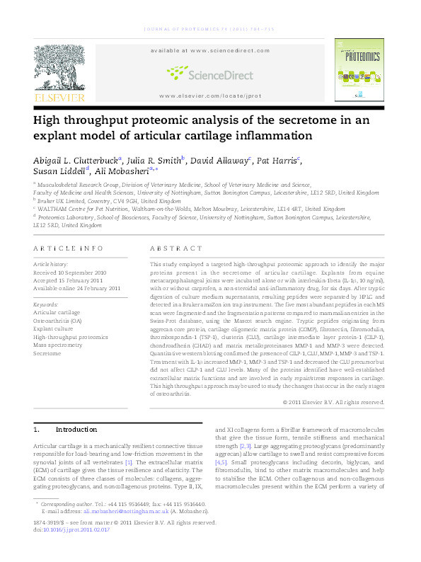 High throughput proteomic analysis of the secretome in an explant model of articular cartilage inflammation Thumbnail