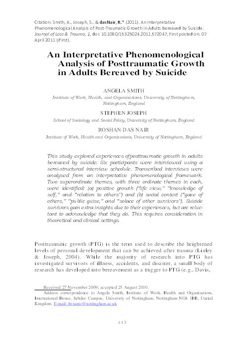 An interpretative phenomenological analysis of posttraumatic growth in adults bereaved by suicide Thumbnail