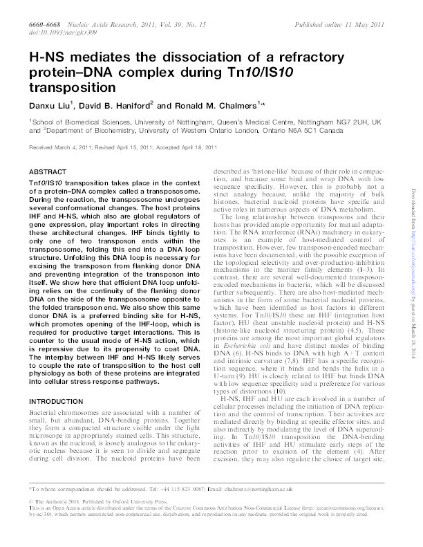 H-NS mediates the dissociation of a refractory protein–DNA complex during Tn10/IS10 transposition Thumbnail