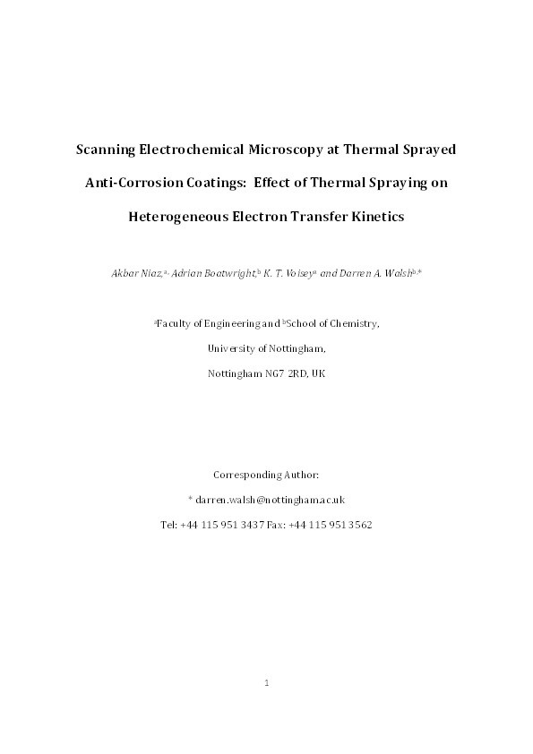 Scanning electrochemical microscopy at thermal sprayed anti-corrosion coatings: effect of thermal spraying on heterogeneous electron transfer kinetics Thumbnail