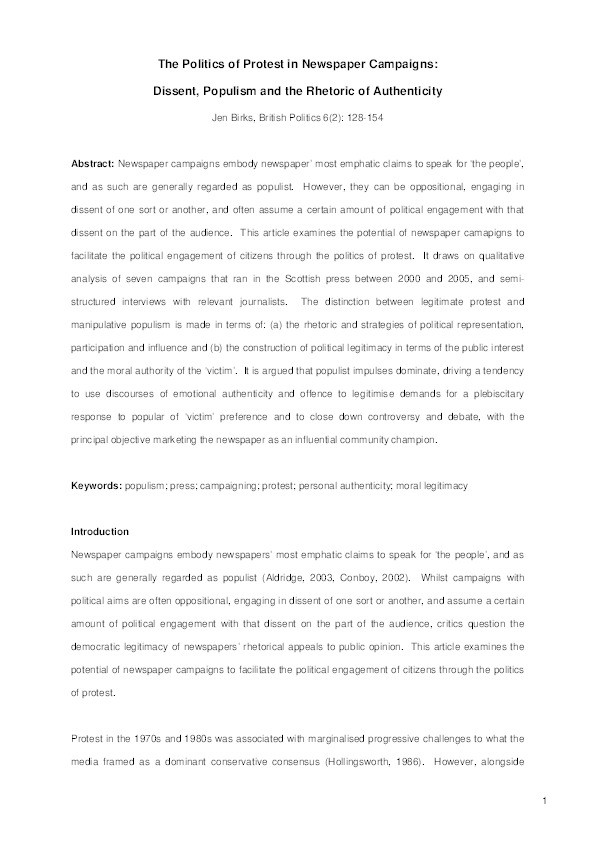 The politics of protest in newspaper campaigns: dissent, populism and the rhetoric of authenticity Thumbnail