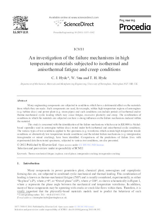 An investigation of the failure mechanisms in high temperature materials subjected to isothermal and anisothermal fatigue and creep conditions Thumbnail