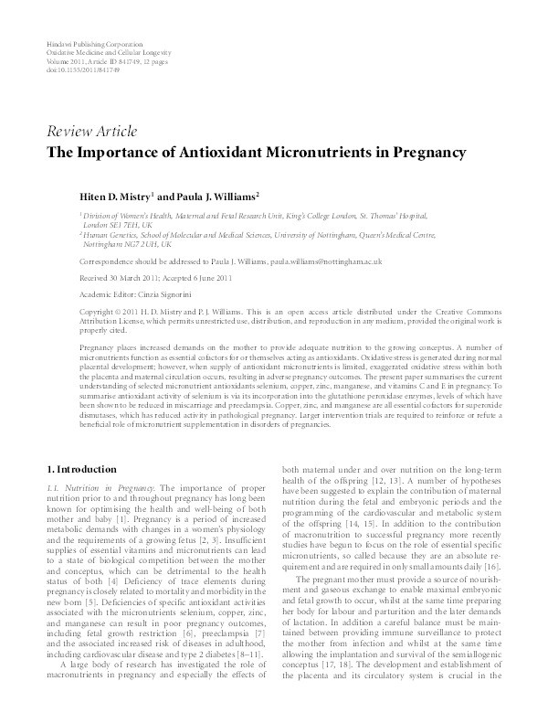 The importance of antioxidant micronutrients and vitamins in pregnancy Thumbnail