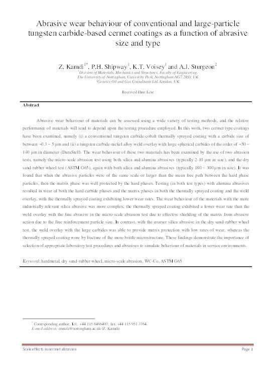 Abrasive wear behaviour of conventional and large-particle tungsten carbide-based cermet coatings as a function of abrasive size and type Thumbnail