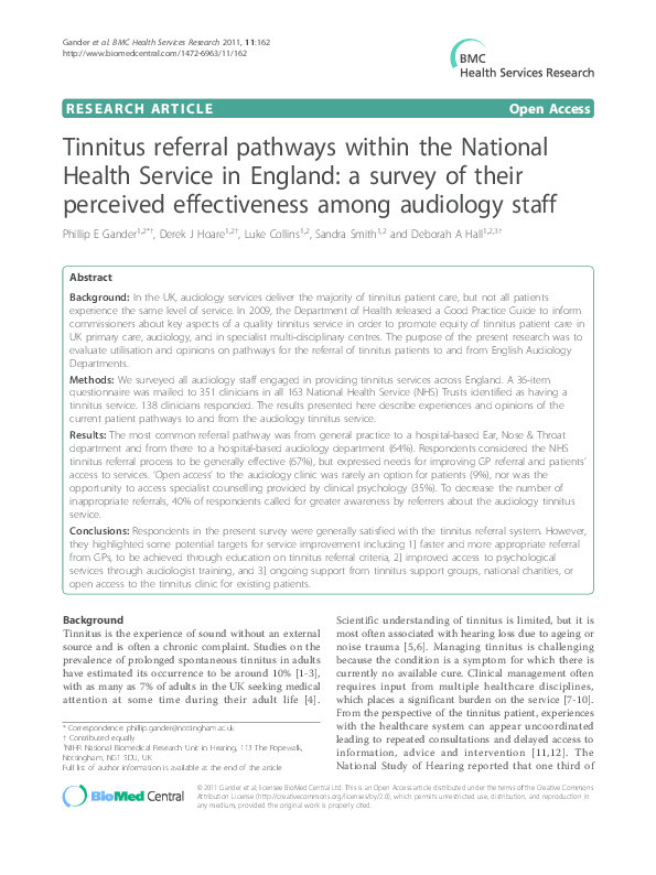 Tinnitus referral pathways within the National Health Service in England: a survey of their perceived effectiveness among audiology staff Thumbnail