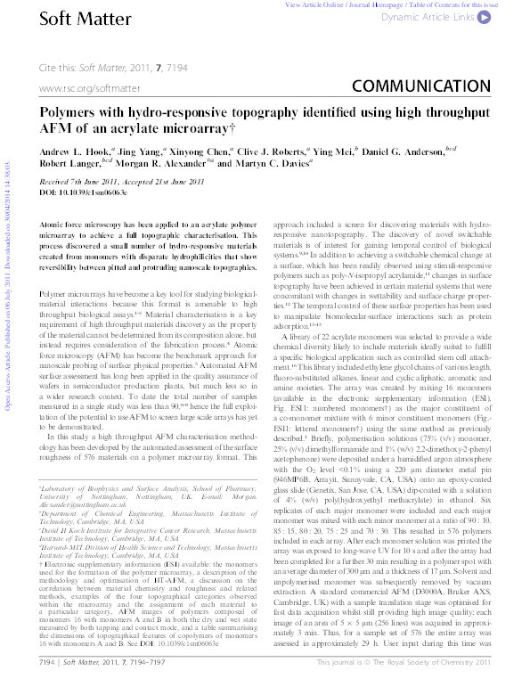 Polymers with hydro-responsive topography identi?ed using high throughput AFM of an acrylate microarray Thumbnail