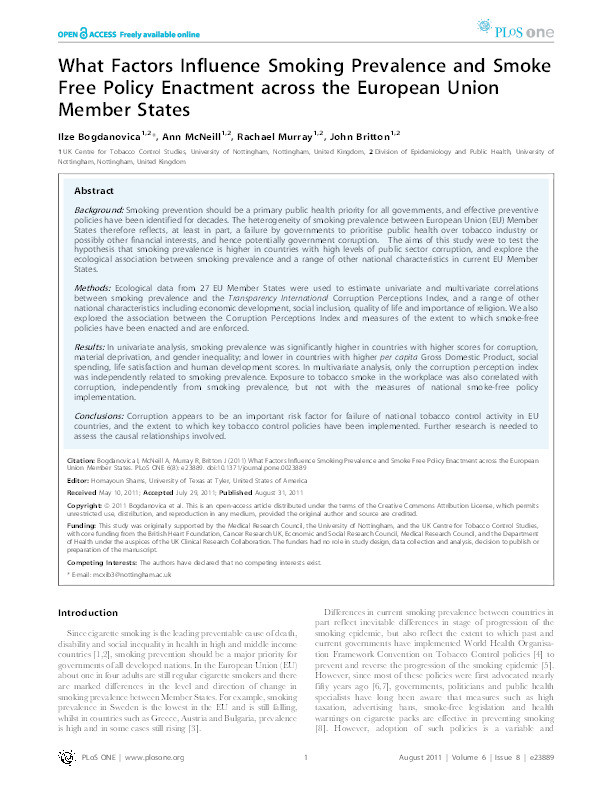 What factors influence smoking prevalence and smoke free policy enactment across the European Union Member States Thumbnail