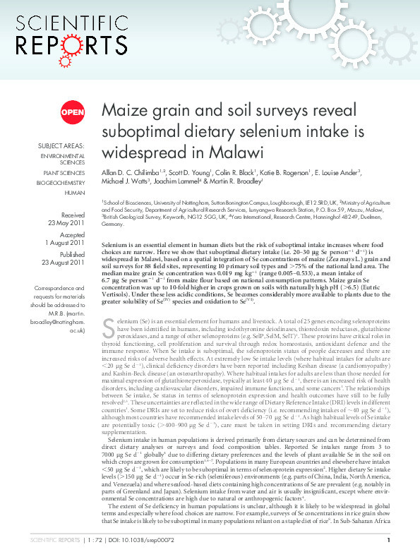 Maize grain and soil surveys reveal suboptimal dietary selenium intake is widespread in Malawi Thumbnail