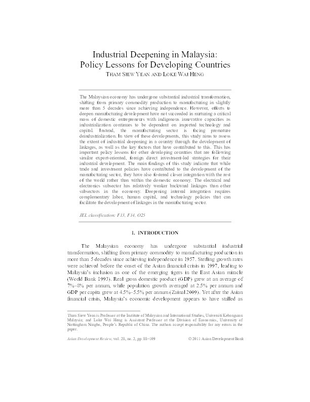 Industrial deepening in Malaysia: policy lessons for developing countries Thumbnail