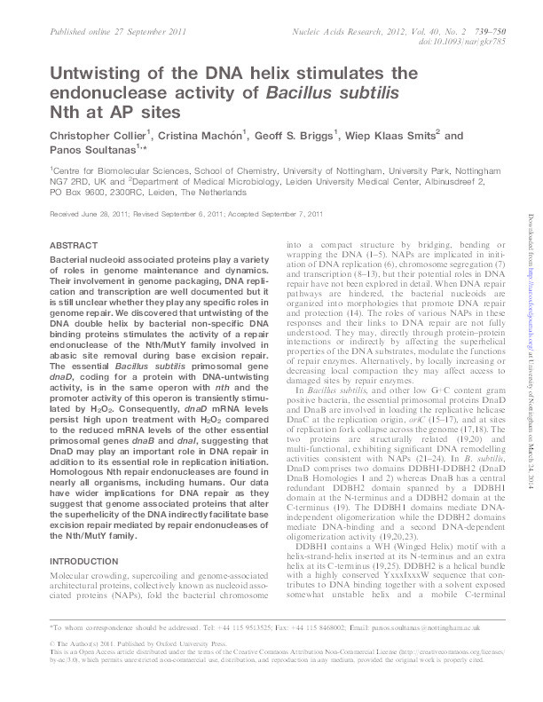 Untwisting of the DNA helix stimulates the endonuclease activity of Bacillus subtilis Nth at AP sites Thumbnail