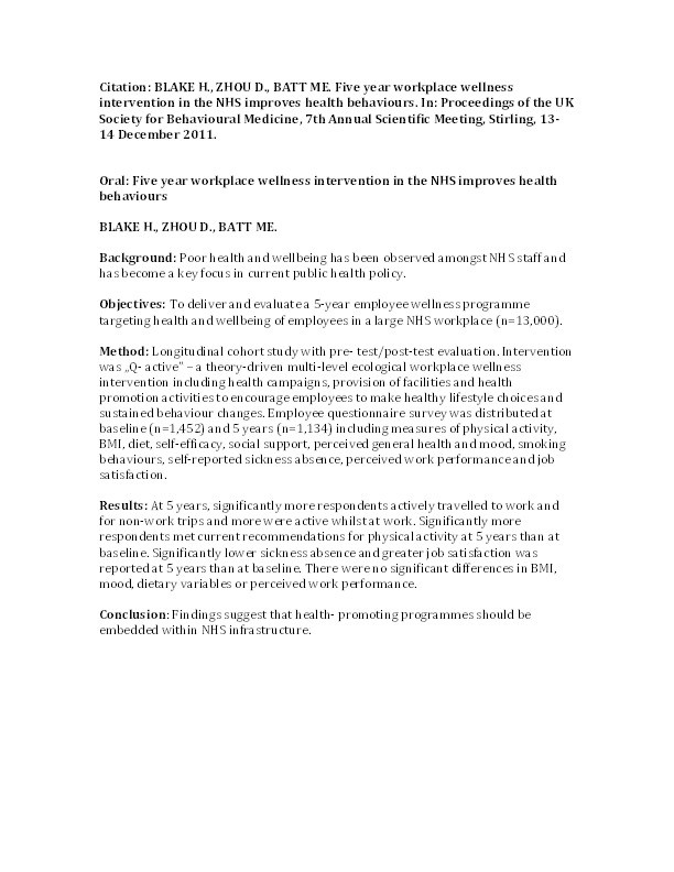Five year workplace wellness intervention in the NHS improves health behaviours Thumbnail