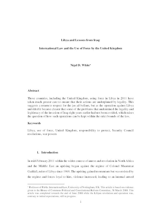 Libya and lessons from Iraq: international law and the use of force by the United Kingdom Thumbnail