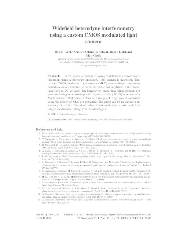 Widefield heterodyne interferometry using a custom CMOS modulated light camera Thumbnail