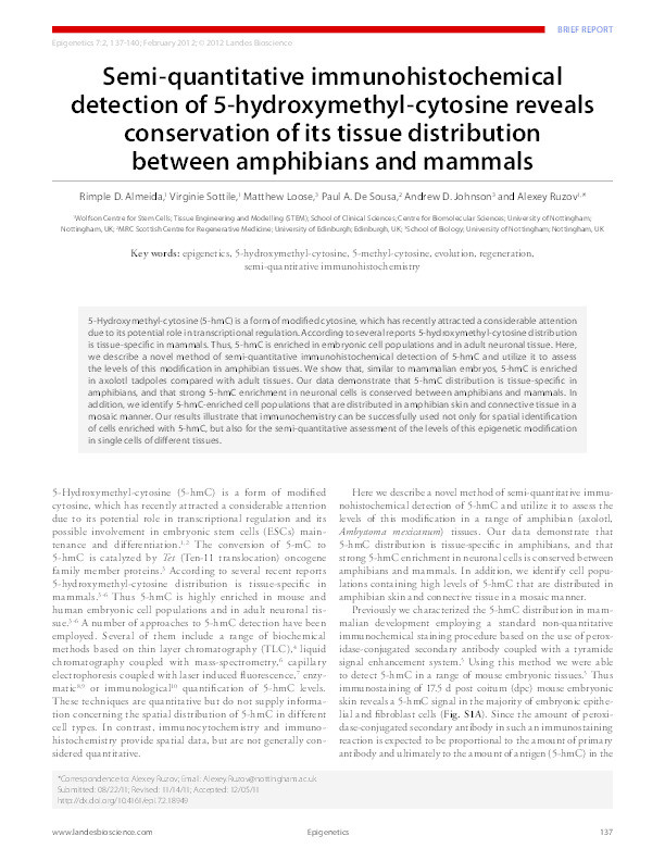 Semi-quantitative immunohistochemical detection of 5-hydroxymethyl-cytosine reveals conservation of its tissue distribution between amphibians and mammals Thumbnail