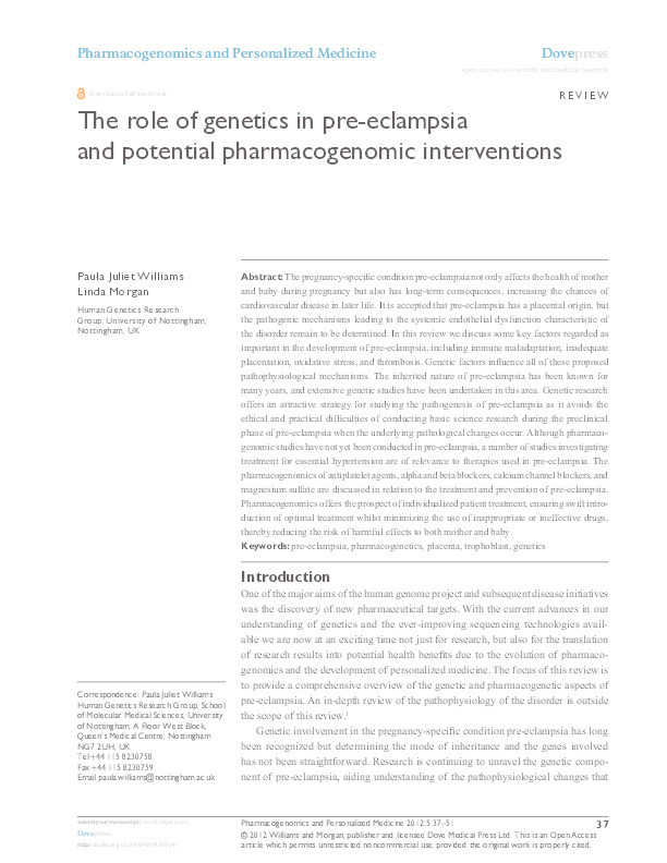 The role of genetics in pre-eclampsia and potential pharmacogenomic interventions Thumbnail