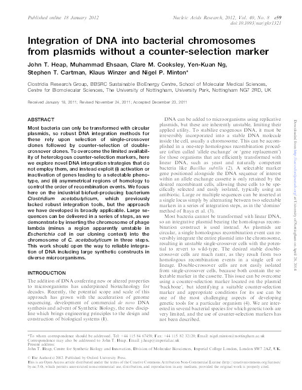 Integration of DNA into bacterial chromosomes from plasmids without a counter-selection marker Thumbnail