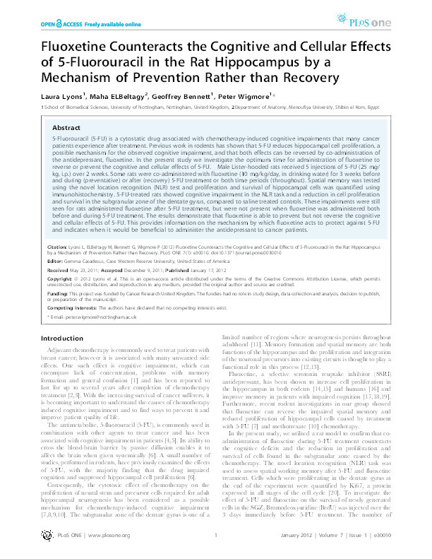 Fluoxetine counteracts the cognitive and cellular effects of 5-Fluorouracil in the rat hippocampus by a mechanism of prevention rather than recovery Thumbnail