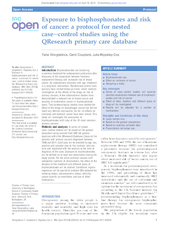 Exposure to bisphosphonates and risk of cancer: a protocol for nested caseecontrol studies using the QResearch primary care database Thumbnail