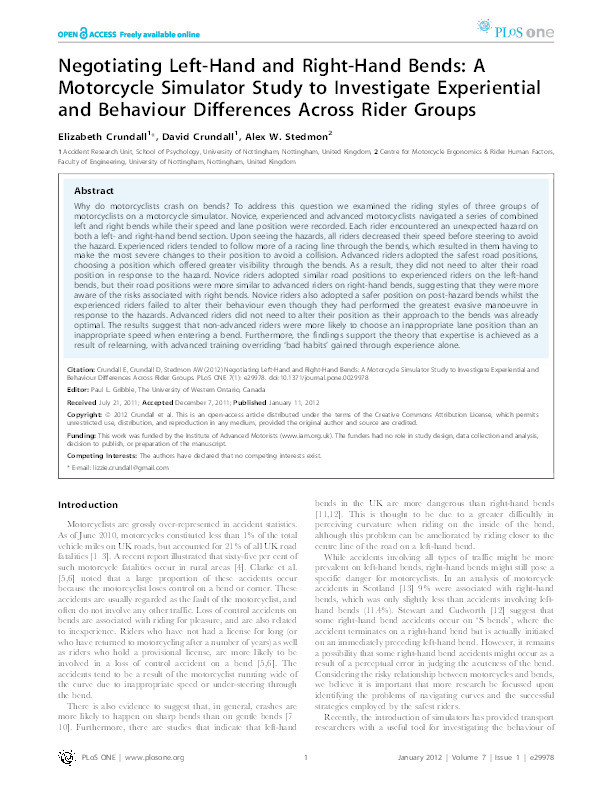Negotiating left-hand and right-hand bends: a motorcycle simulator study to investigate experiential and behaviour differences across rider groups Thumbnail