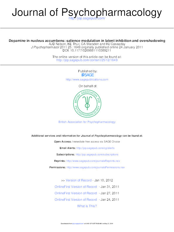 Dopamine in nucleus accumbens: salience modulation in latent inhibition and overshadowing Thumbnail