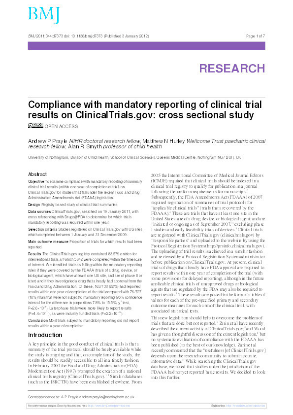 Compliance with mandatory reporting of clinical trial results on ClinicalTrials.gov: cross sectional study Thumbnail