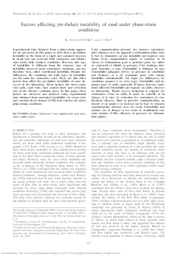 Factors affecting pre-failure instability of sand under plane-strain conditions Thumbnail