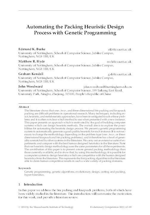 Automating the packing heuristic design process with genetic programming Thumbnail