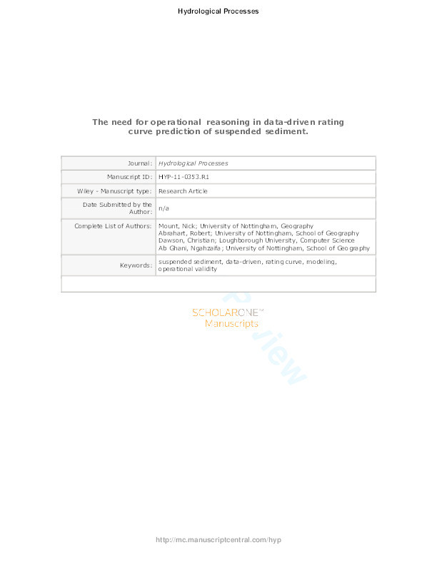 The need for operational reasoning in data-driven rating curve prediction of suspended sediment Thumbnail