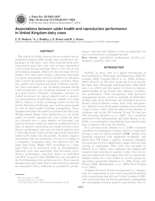 Associations between udder health and reproductive performance in United Kingdom dairy cows Thumbnail