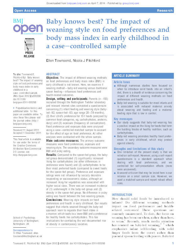 Baby knows best? The impact of weaning style on food preferences and body mass index in early childhood in a case–controlled sample Thumbnail